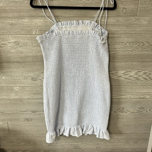 Cousin Couture Smocked Mini Dress Light Blue Pinstripe Ruffle Tie Straps M - Picture 4 of 9